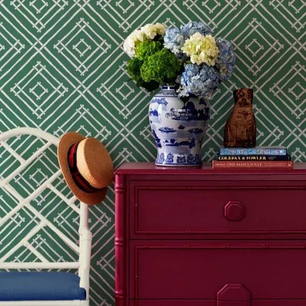 A sample of our Island House Forest Green Wallpaper Care Instructions: Wipe with damp cloth.