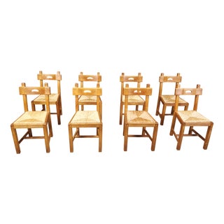 Vintage Brutalist Chairs in Oak and Wicker, 1960s, Set of 8 For Sale