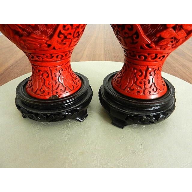 Pair of Mid-Century Chinese Red Cinnabar Vases - Red Lacquer Over Brass For Sale In Cleveland - Image 6 of 9
