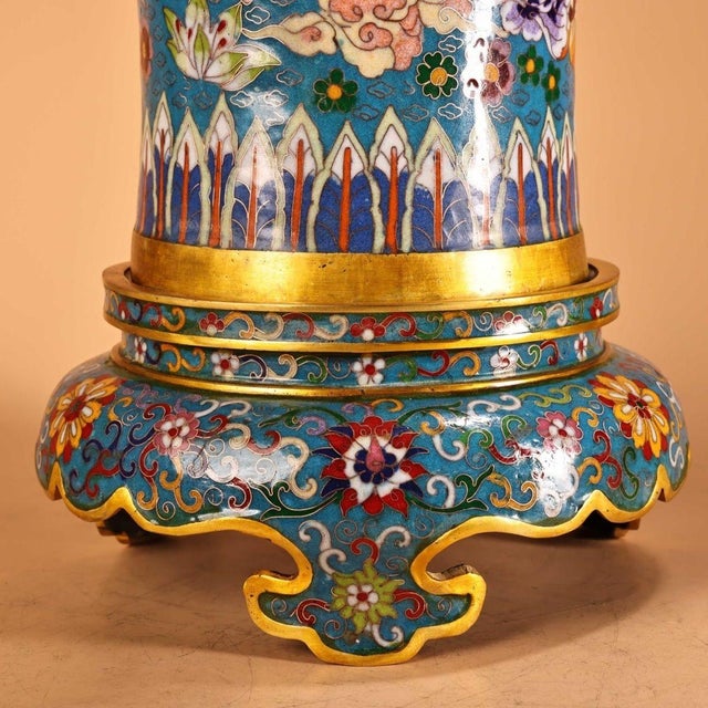Metal Monumental Chinese Cloisonné Vase | Gilt Bronze Dragon Handles & Dove Motif For Sale - Image 7 of 9