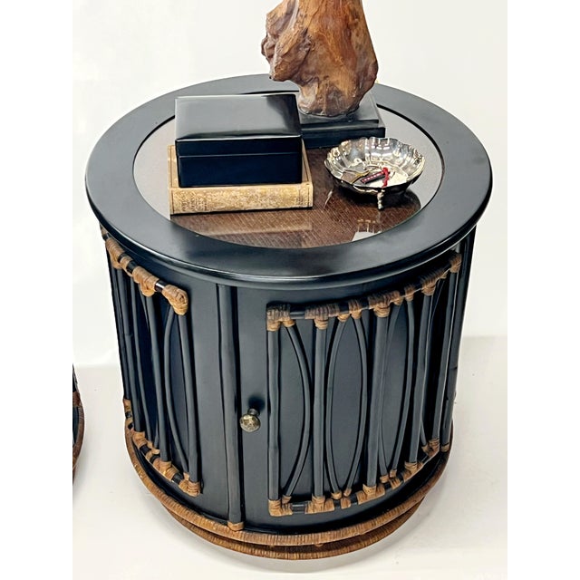 Pair of Oversized Round Bamboo and Rattan Nightstands or Accent Tables For Sale - Image 12 of 12