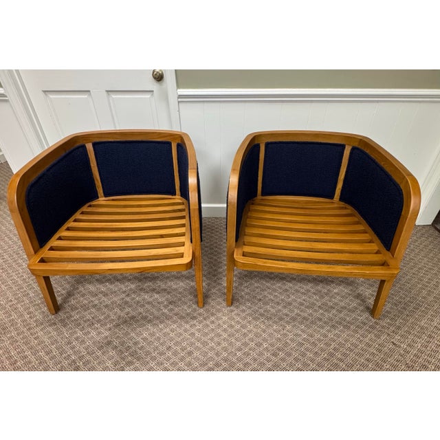 Navy Blue Pair of Baker McGuire Resort Teak Schooner Lounge Chairs With Ottoman For Sale - Image 8 of 10