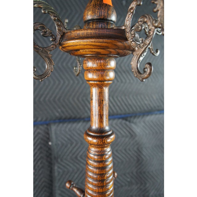 Wood Antique Victorian Quartersawn Oak Turned Parlor Coat Rack Hall Tree 67" For Sale - Image 7 of 9