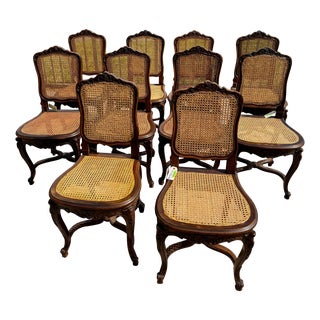 Mid 20th Century French Louis XV Style Caned Dining Chairs - Set of 10 For Sale