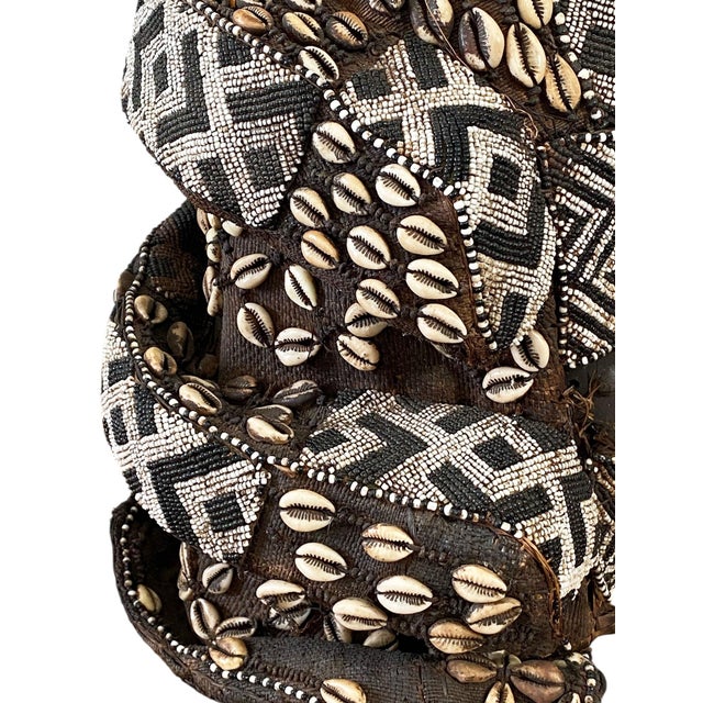 Vintage Large African Tribal Beaded Kuba Royal Head Mask/Helmet Congo 22" H For Sale - Image 4 of 13