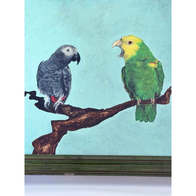 Figurative Oil Painting on Board Two Parrots on Branch in Green Lacquered Frame For Sale - Image 3 of 13