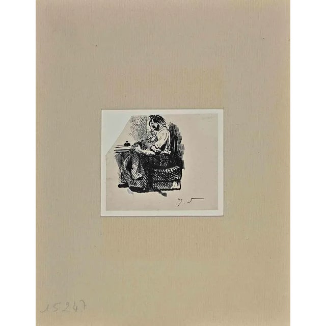 Man Working is an Original China Ink Drawing realized by Henry Somm (1844-1907). Good condition on a little yellowed paper...