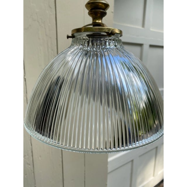 Old Lights On is pleased to offer this vintage brass semi flush ceiling fixture with Holophane shade. Rewired and ready to...