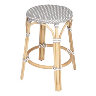 Tobias 24 in. Seat Height Round Rattan Backless Counter Stool, Gray/White Dot / Natural Rattan Frame For Sale