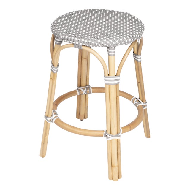 Tobias 24 in. Seat Height Round Rattan Backless Counter Stool, Gray/White Dot / Natural Rattan Frame For Sale