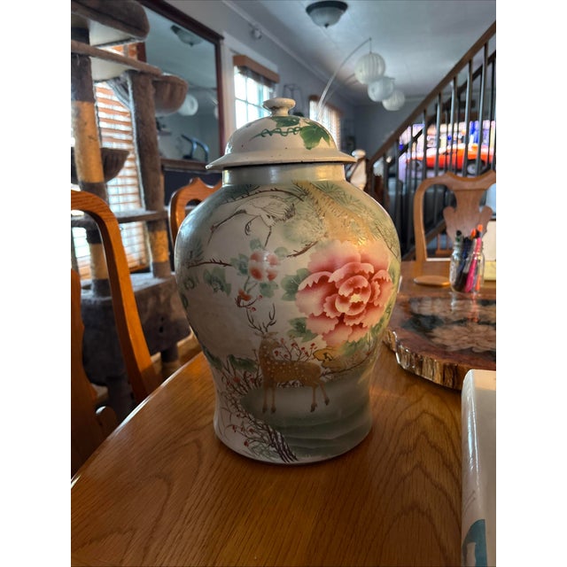 Vintage Chinese Famille Rose Porcelain Temple Jar With Deer, Crane & Peonies For Sale - Image 4 of 10