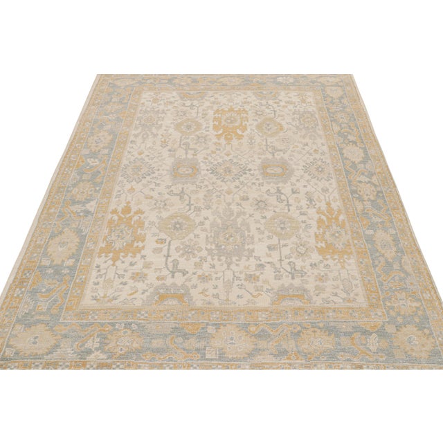Modern Rug & Kilim’s Oushak Rug in Beige, Gold and Blue Floral Patterns For Sale - Image 3 of 7