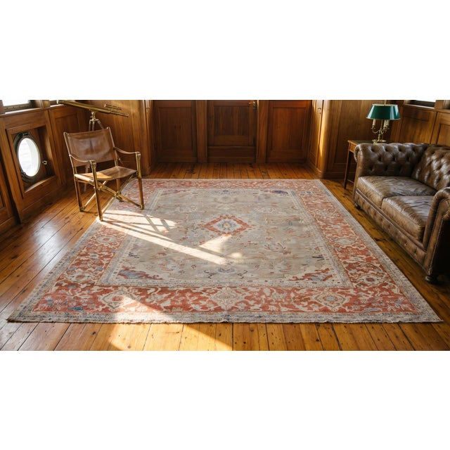Textile 1880s Tan Sand Medallion Antique Persian Ziegler Sultanabad Rug 10'5" X 10'6" Handknotted Wool Carpet For Sale - Image 7 of 9