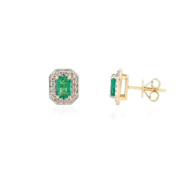 14k Gold Emerald Halo Diamond Stud Earrings - 2 Peices For Sale - Image 4 of 5