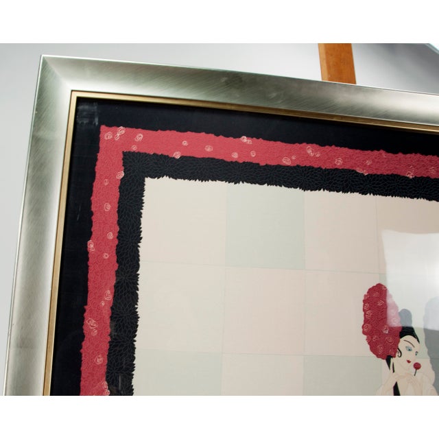 Vintage 1970s Art Deco Erté Silk Scarf Framed Elegant Woman With Topiary For Sale In Chicago - Image 6 of 12