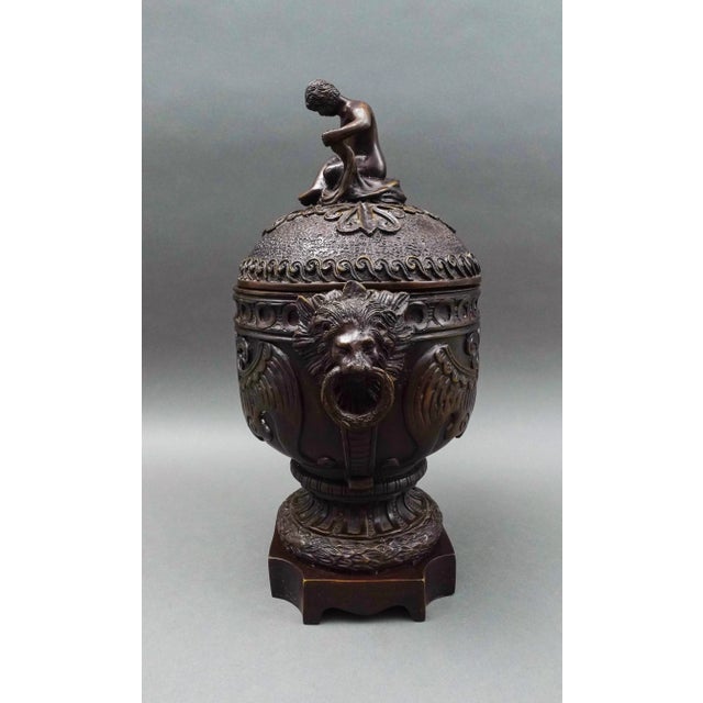 Mid-Century Modern Mid 20th Century Maitland Smith Vintage Bronze Cherub Lidded Large Urn Compote Lion Handles For Sale - Image 3 of 11