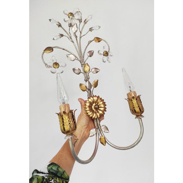 1990s Italian Wall Light in Silver and Gold Metal with Flowers, 1980s For Sale - Image 5 of 9