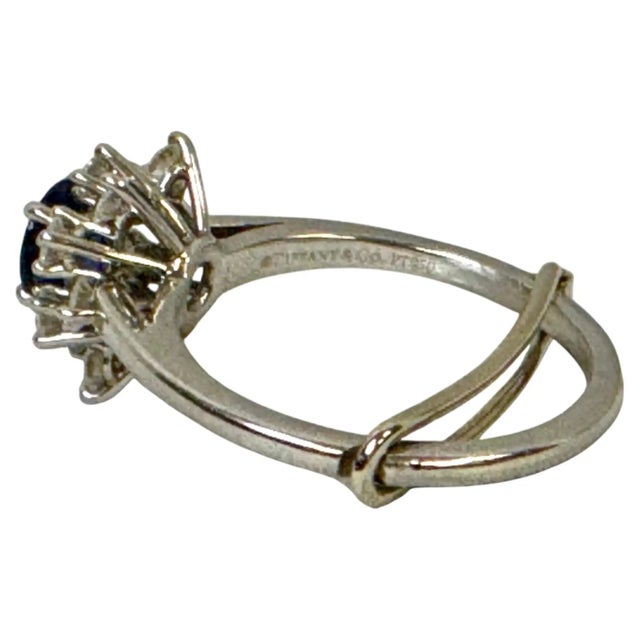 Blue 1972 Tiffany & Co Platinum Sapphire and Diamond Cluster Ring For Sale - Image 8 of 14