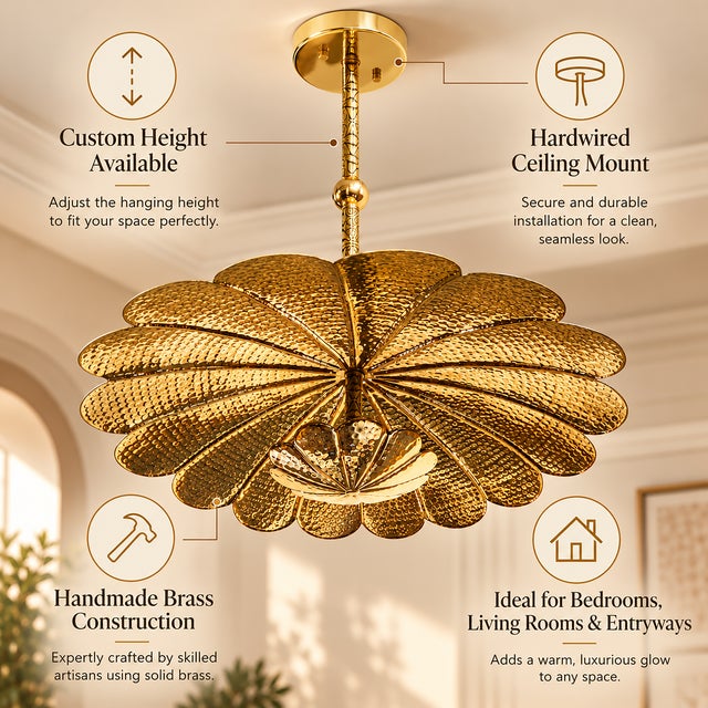 Handmade Brass Floral Ceiling Light, Vintage Lotus Flower Chandelier, Hammered Brass Pendant Light, Scalloped Ceiling Fixture For Sale - Image 13 of 13