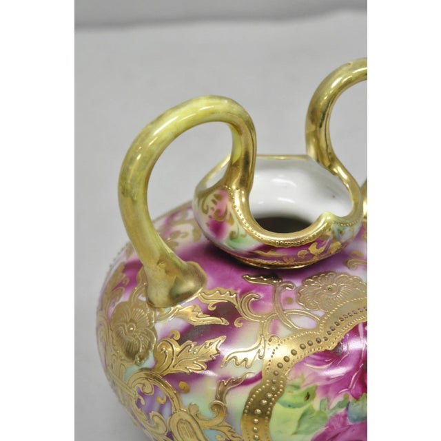 Antique Austrian Hand Painted Moriage Porcelain Double Swung Handle Bulbous Vase For Sale In Philadelphia - Image 6 of 16