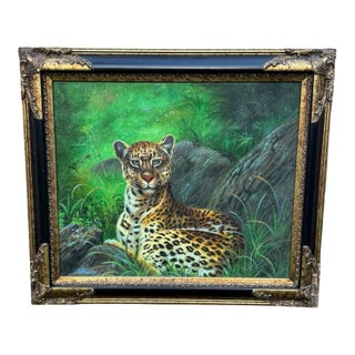 Vintage Oil on Canvas Leopard in Tropical Landscape, Ornate Gilt Frame For Sale