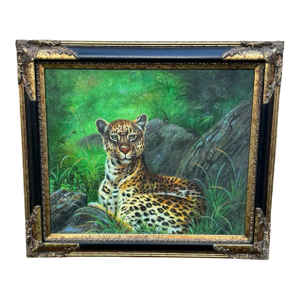 Vintage Oil on Canvas Leopard in Tropical Landscape, Ornate Gilt Frame