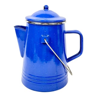 Vintage Blue Speckled Enamelware Coffee Percolator Pot With Bail Handle For Sale