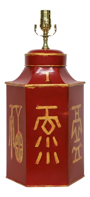 Vintage Red Painted Chinese Characters Tole Tea Caddy Lamp "No.1"