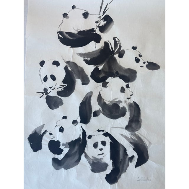 1970s Vintage Ink Wash Painting of Pandas by j.p. Gaston, Sumi-E Style on Rice Paper, Signed. For Sale - Image 5 of 11