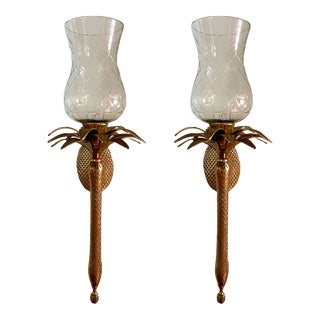 Pair of Brass and Cut Glass Hurricane Pineapple Palm Candle Wall Sconces For Sale