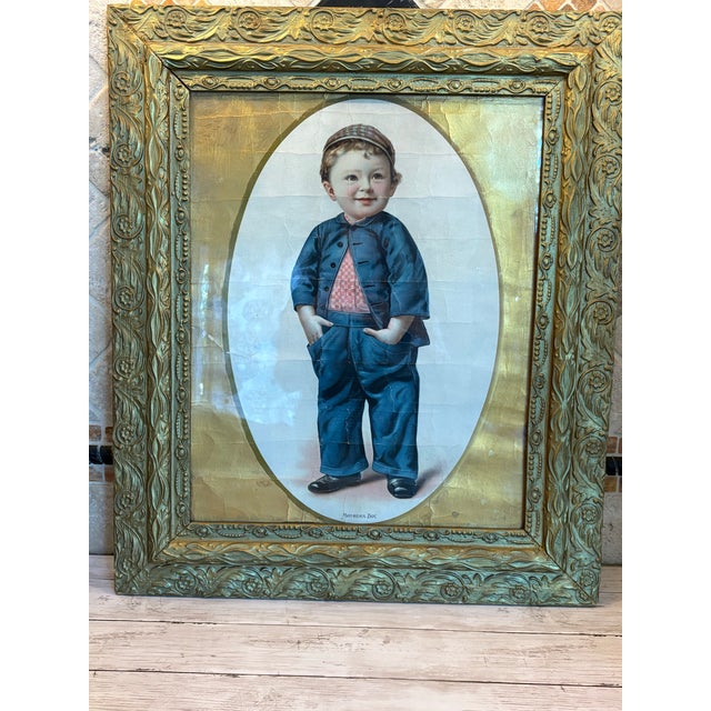 Wood Antique “Mother’s Boy” Mother’s Oats Advertising Chromolithograph in Ornate Victorian Gilt Composition Frame For Sale - Image 7 of 11
