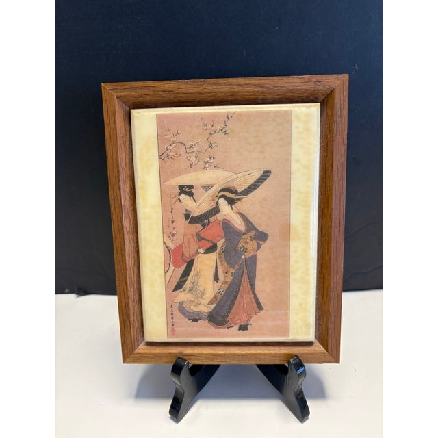 Japanese Vintage Framed Japanese Ukiyo-E Style Print of Women With Umbrellas in Wood Frame For Sale - Image 3 of 8