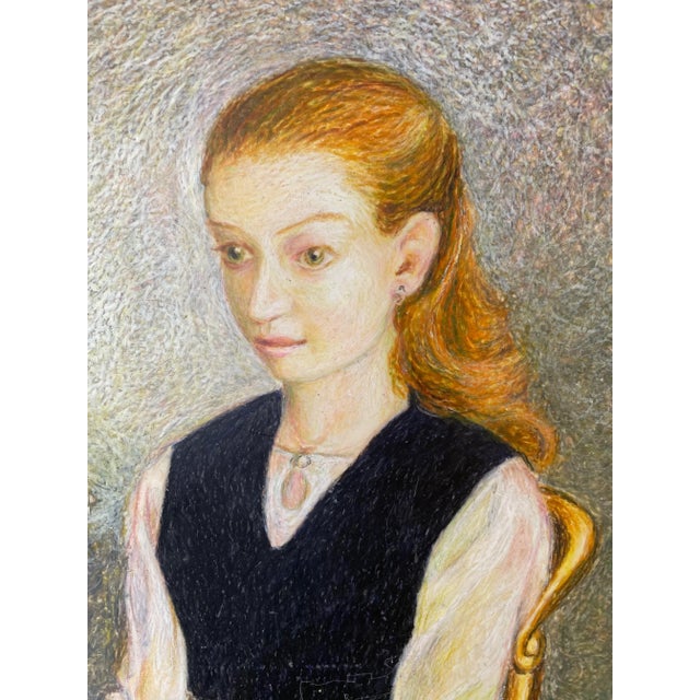 Radiant, hypnotic, and executed with masterful control — this mid-century oil portrait of a young girl on marble tile...