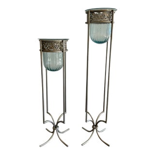 Pair of Mexican Aqua Blown Glass Vessels on Decorative Tole Metal Plant Stands For Sale