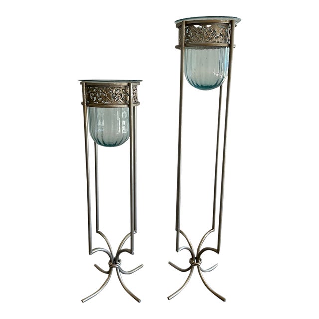 Pair of Mexican Aqua Blown Glass Vessels on Decorative Tole Metal Plant Stands For Sale