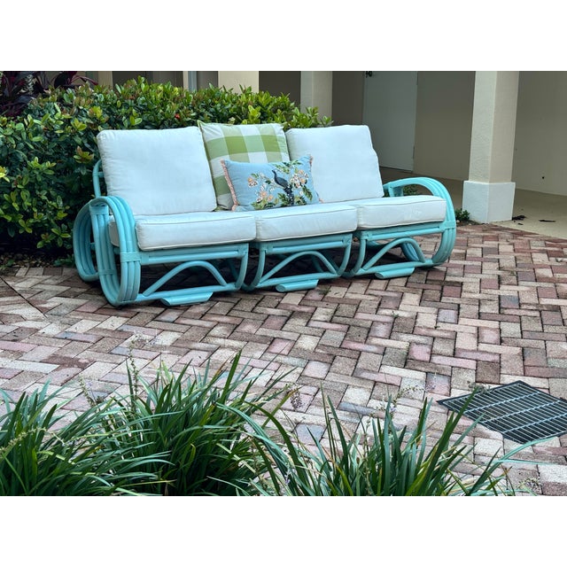 Mid-Century Bamboo Pretzel Sofa in Robin Egg Blue With New Restoration Hardware Outdoor Cushions for a Modern Appeal and Comfort. 3 Sections For Sale In West Palm - Image 6 of 10