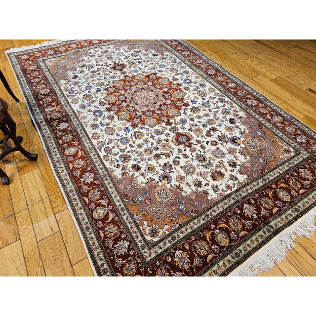 Ivory Fine Persian Tabriz Shirfar Rug, Hand-Knotted Wool & Silk, Floral Pattern, Ivory & Chocolate, 7x10 For Sale - Image 8 of 18