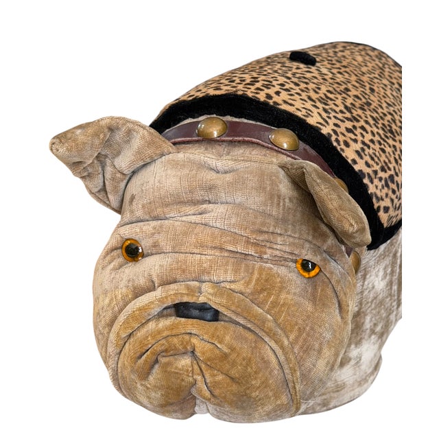 Mid 20th Century Vintage Velvet & Leather Bulldog Footstool Ottoman For Sale - Image 5 of 5