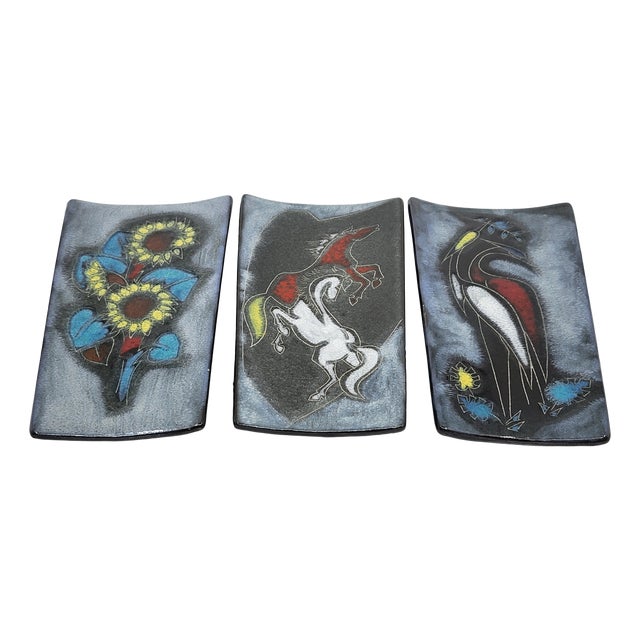 Vintage Enamel Triptych Flora & Fauna, 1950s, Set of 3 For Sale