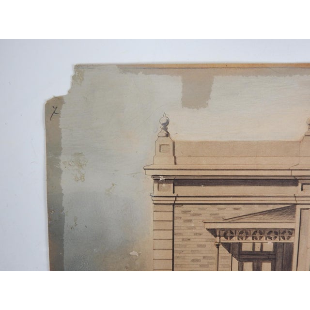 Late 19th Century Late 19th Century Distressed Architectural Rendering Watercolor Painting For Sale - Image 5 of 7