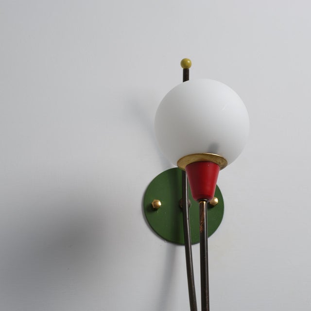Italian Wall Sconce in Brass, Multicolor Metal and Opaline Glass, 1950s For Sale - Image 6 of 8