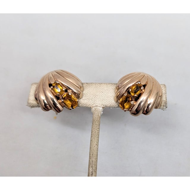 1950s Vintage 1950s Signed Castlecliff Goldtone Faux-Citrine Clip Earrings-2 Pieces For Sale - Image 5 of 9