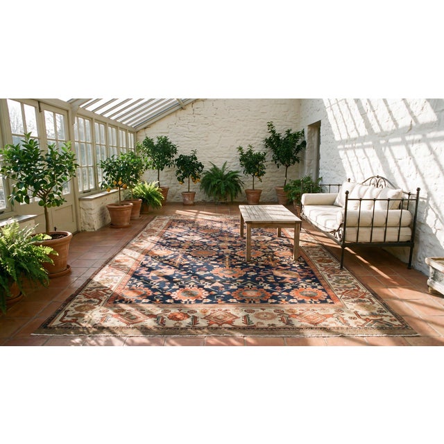 1880s Blue Navy Harshang Persian Bibikabad Rug 10'7" X 14'9" Handknotted Wool Carpet For Sale - Image 10 of 10