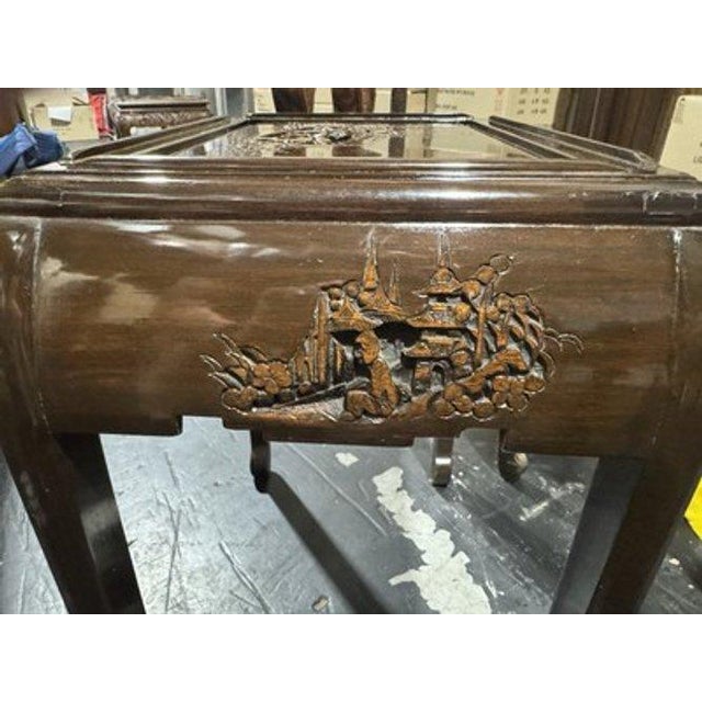 Vintage Engraved Nesting Tables Oriental Rose Wood Beautiful For Sale - Image 9 of 14