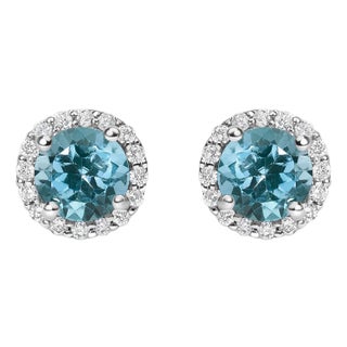10K White Gold Blue Topaz and 1/6 Cttw Diamond Halo Stud Earring For Sale