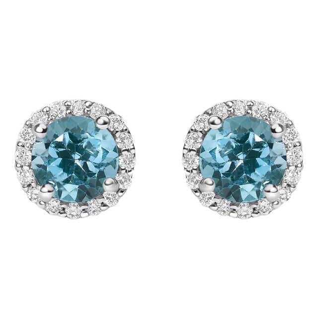 10K White Gold Blue Topaz and 1/6 Cttw Diamond Halo Stud Earring For Sale