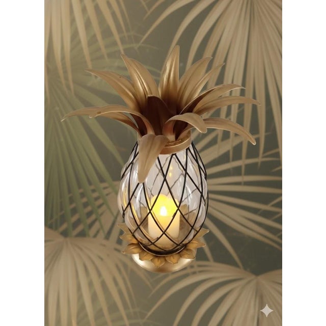 Coastal Glass Pineapple Lanterns Set of 2 Led Battery Operated For Sale - Image 3 of 4