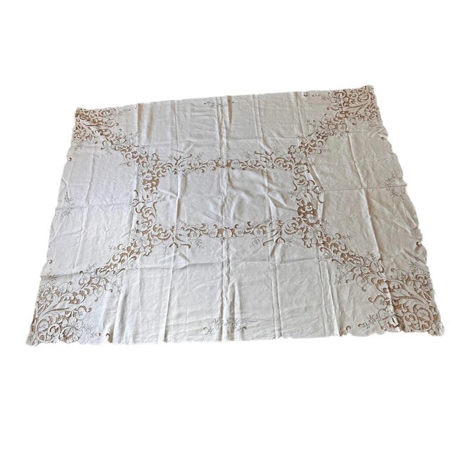 Madeira Style Linen Tablecloth Gray Embroidered Cutwork on Cream For Sale - Image 11 of 11