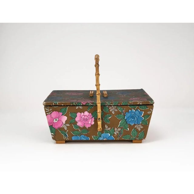 Wood Mid-Century Sewing Basket with Bamboo Handle & Floral Decor, 1970s For Sale - Image 7 of 18