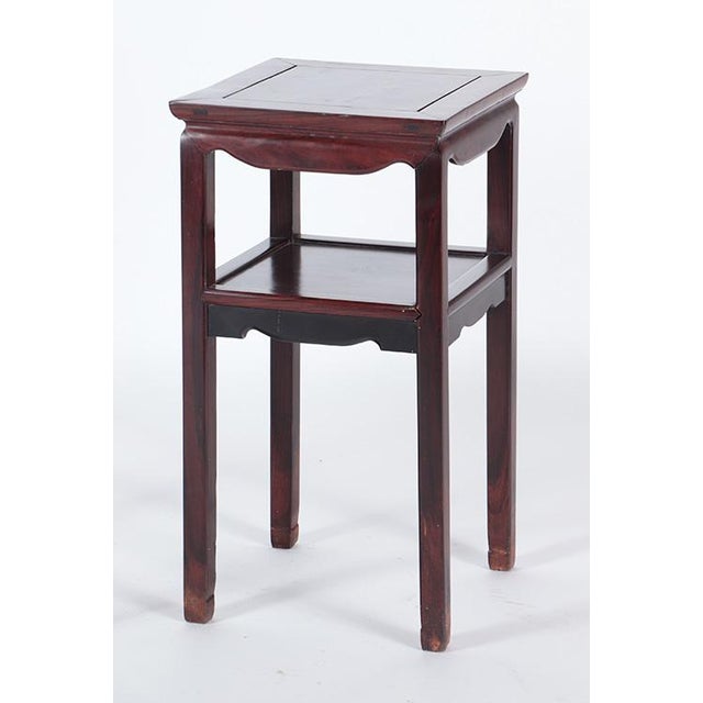 A lovely pair of Chinese elm side tables witch shaped aprons, lower shelf and straight legs. Product Information:...
